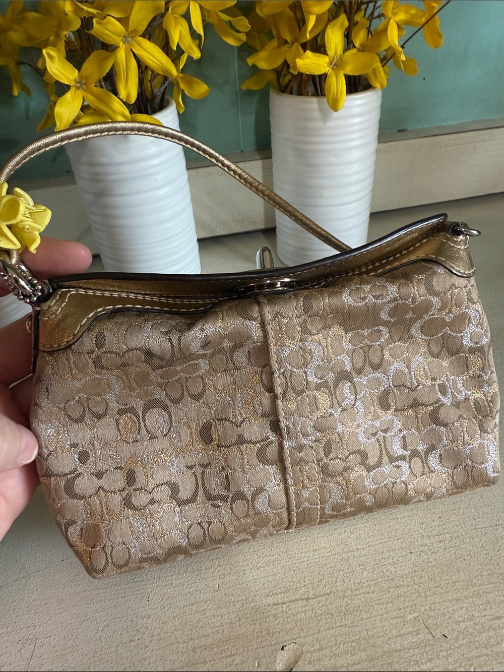 Coach y2k Gold Signature Jacquard Shoulder Bag with Floral Charm - Picture 9 of 14